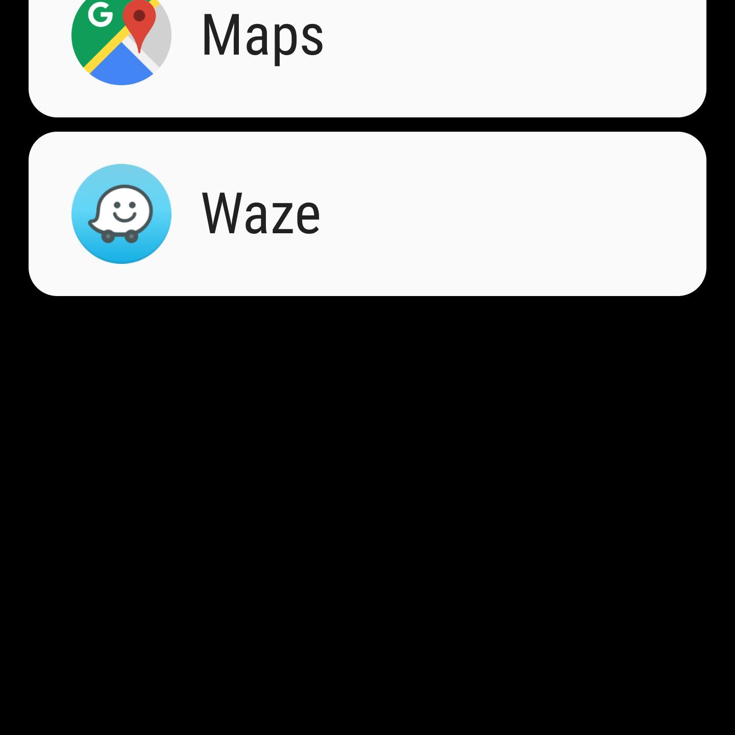 Приложение Android Auto, отображающее список совместимых навигационных приложений: Google Maps или Waze.