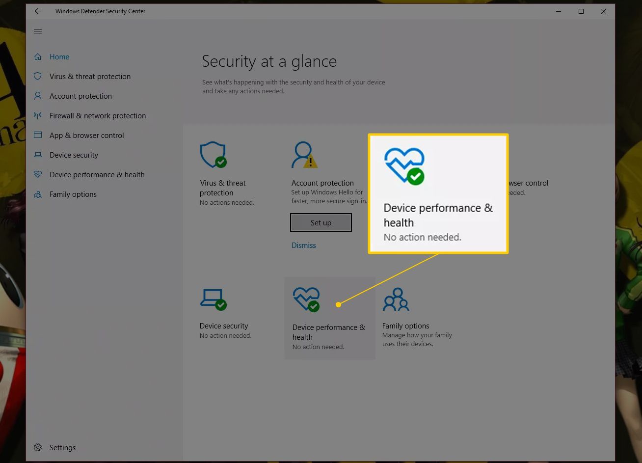 Кнопка производительности и работоспособности устройства в Security Center для Windows 10