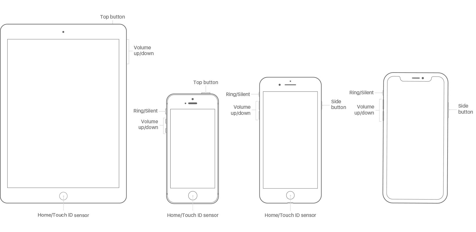 Иллюстрация моделей iPad и iPhone с помеченными кнопками