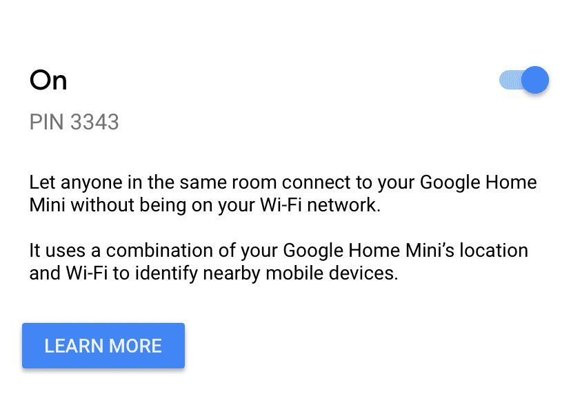 Снимок экрана приложений Google Home, показывающий, как включить PIN-код гостевого режима.
