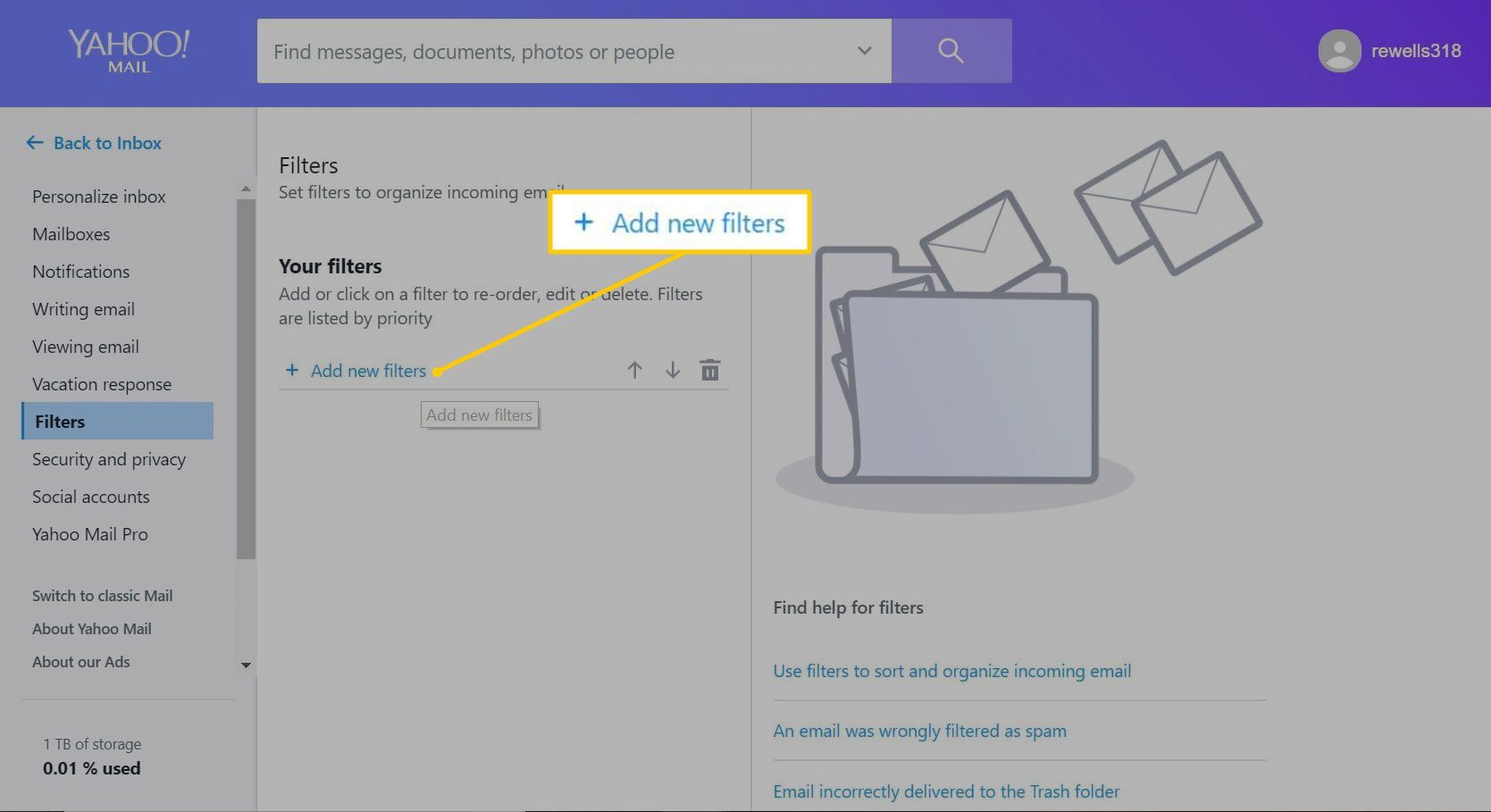 Кнопка добавления новых фильтров в Yahoo Mail