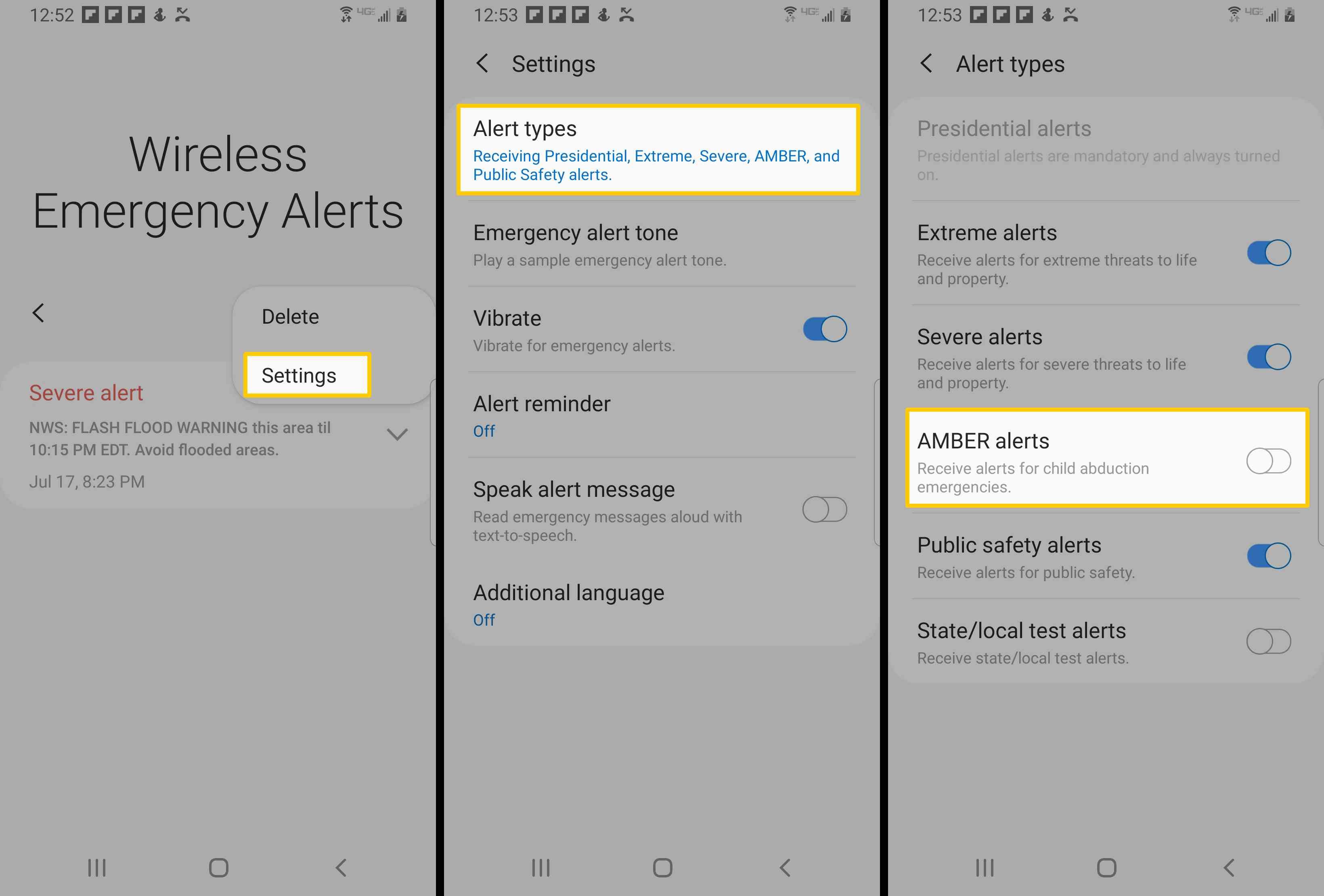 Где отключить Amber Alerts в Galaxy S9 и S10.