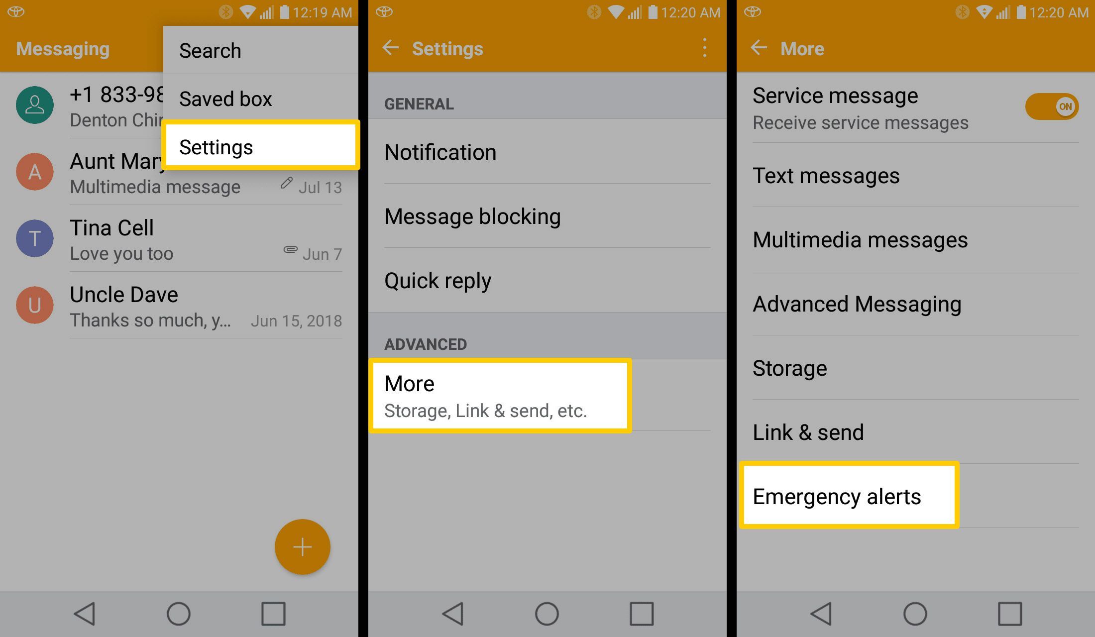 На снимках экрана показано, как получить доступ к уведомлениям Amber Alert на устройствах Android более старых моделей.