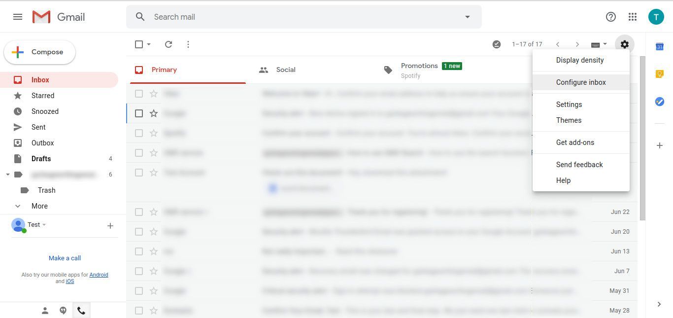 Входящие Gmail с открытыми параметрами
