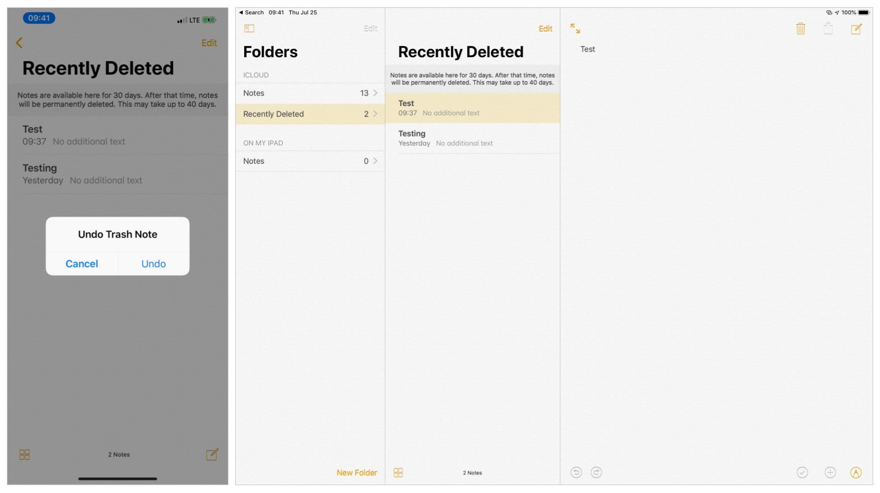 Два снимка экрана: (слева) iPhone встряхнуть, чтобы отменить удаленное сообщение с примечанием, (справа) структура заметок iPad, которая показывает папку «Недавно удаленные»