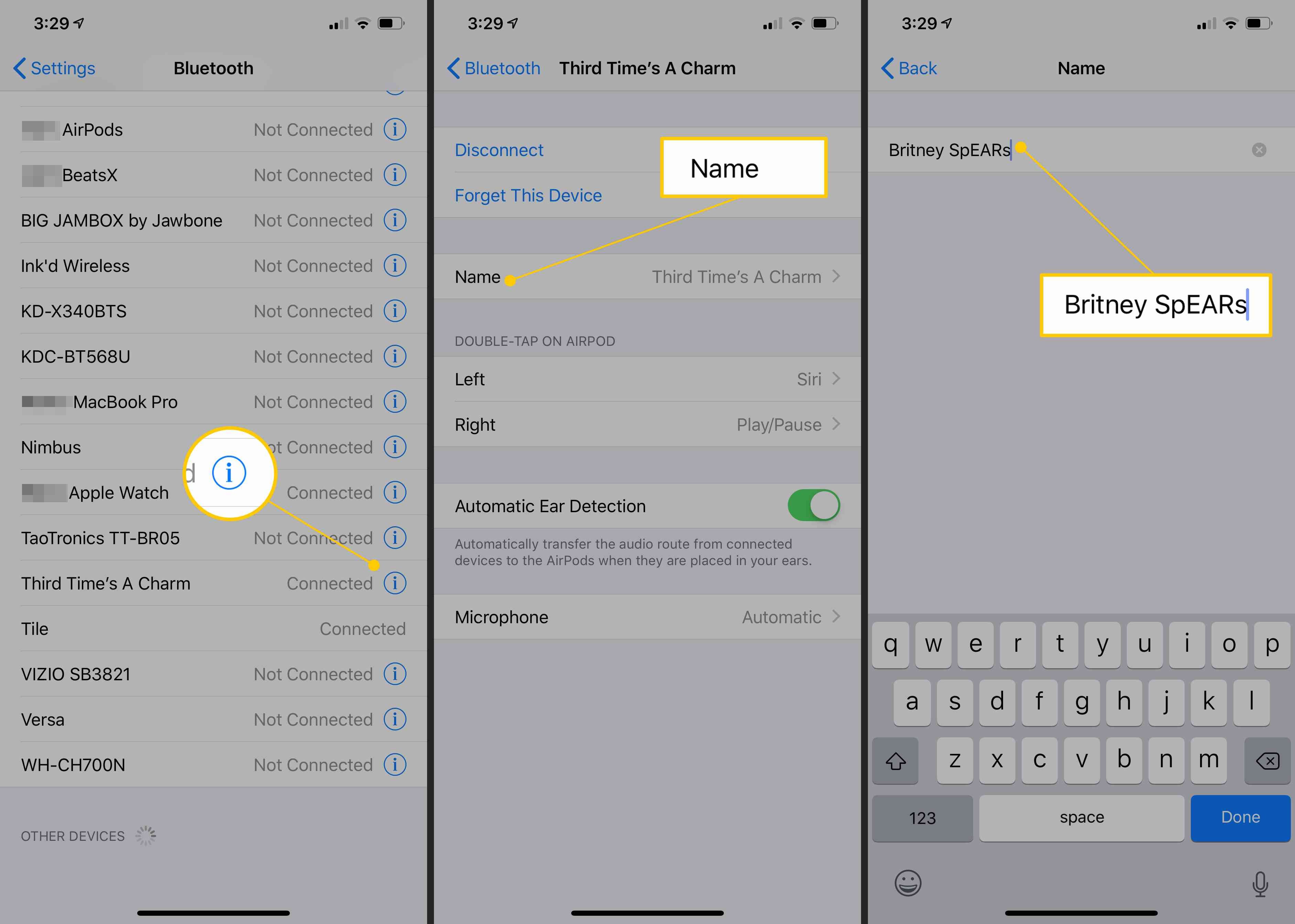Значок информации, кнопка «Имя», переименование поля AirPods в настройках iOS Bluetooth