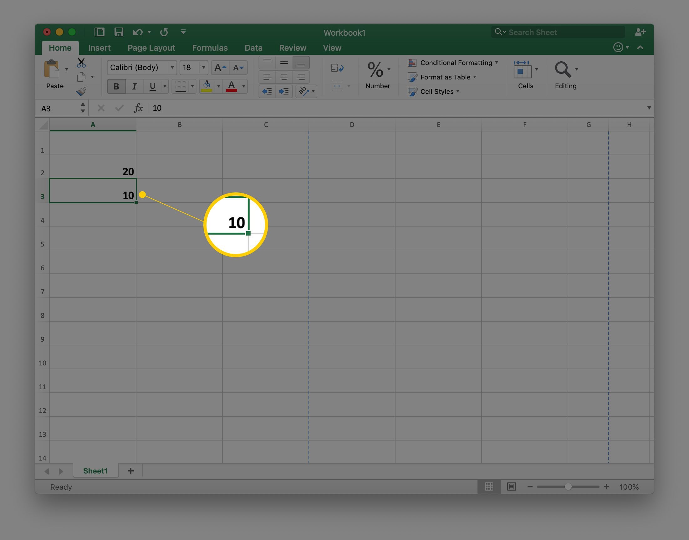 Число 10 в ячейке A3 в электронной таблице Excel