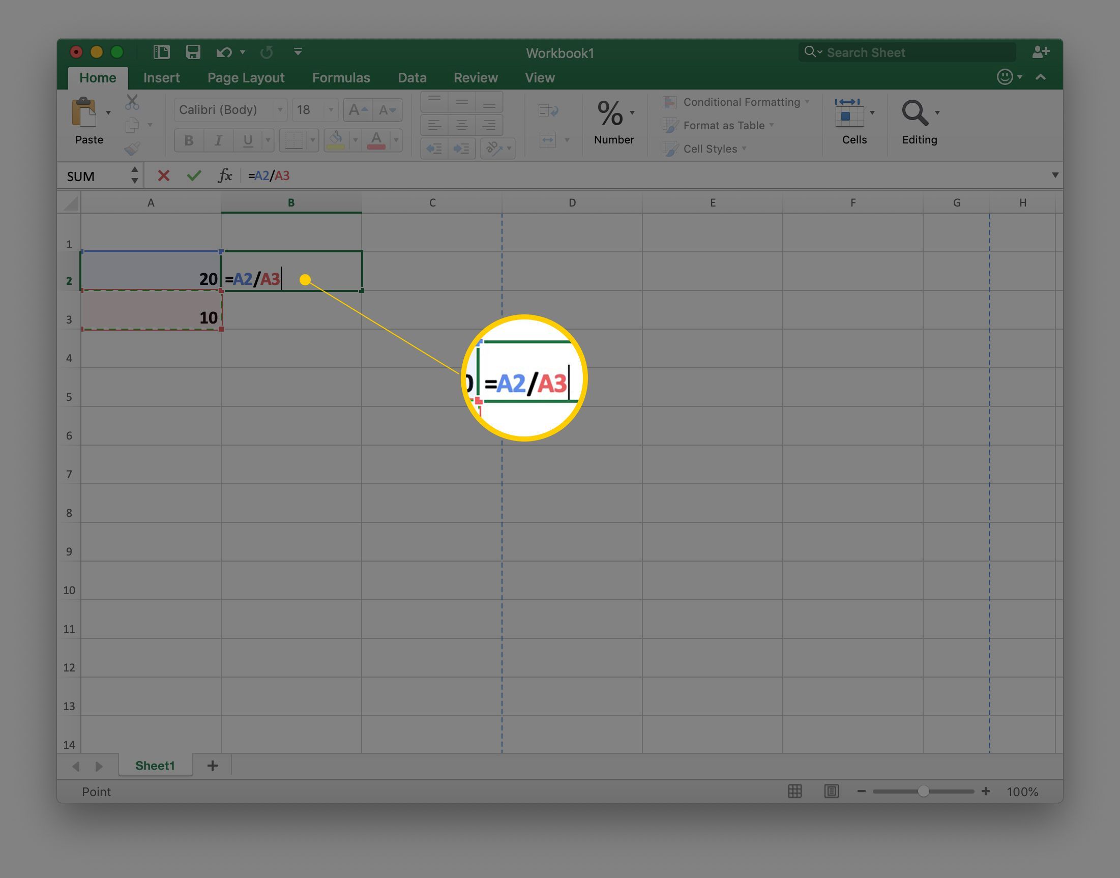 A2 / A3 в ячейке B2 в электронной таблице Excel