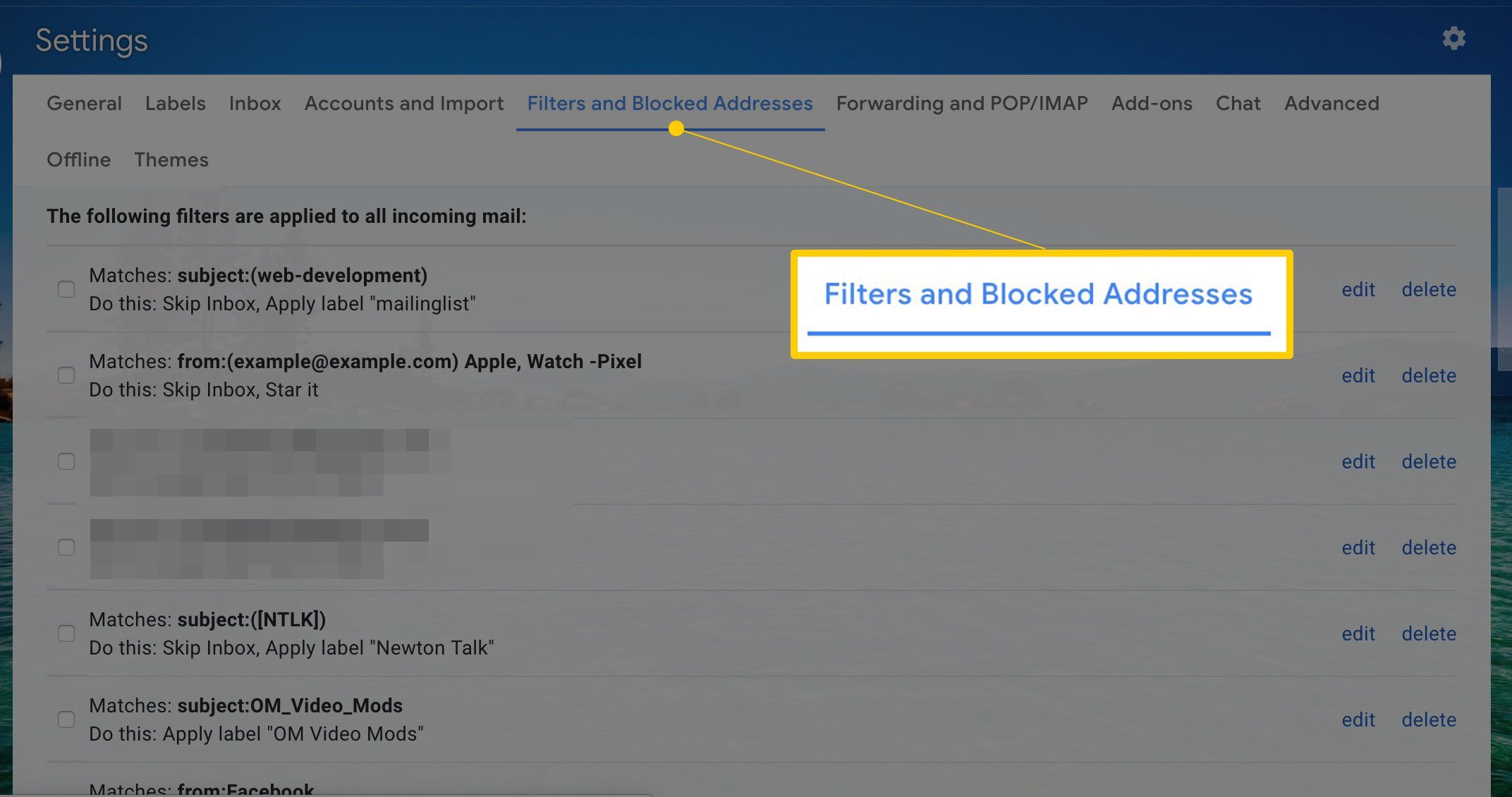 Вкладка «Фильтры и заблокированные адреса» в Gmail