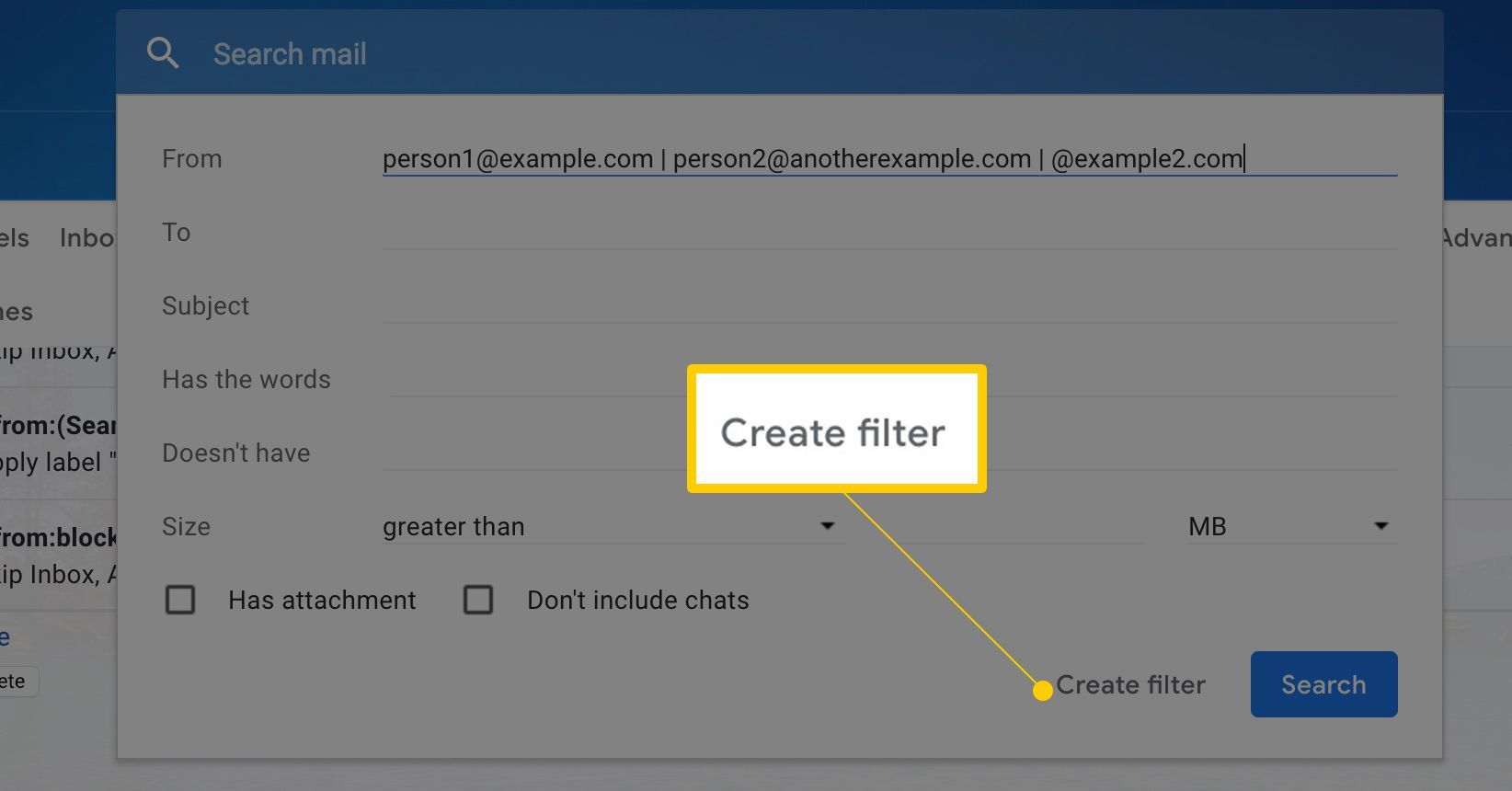 Кнопка «Создать фильтр» в настройках Gmail