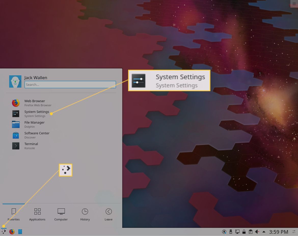 Снимок экрана с меню KDE и настройкой системы.