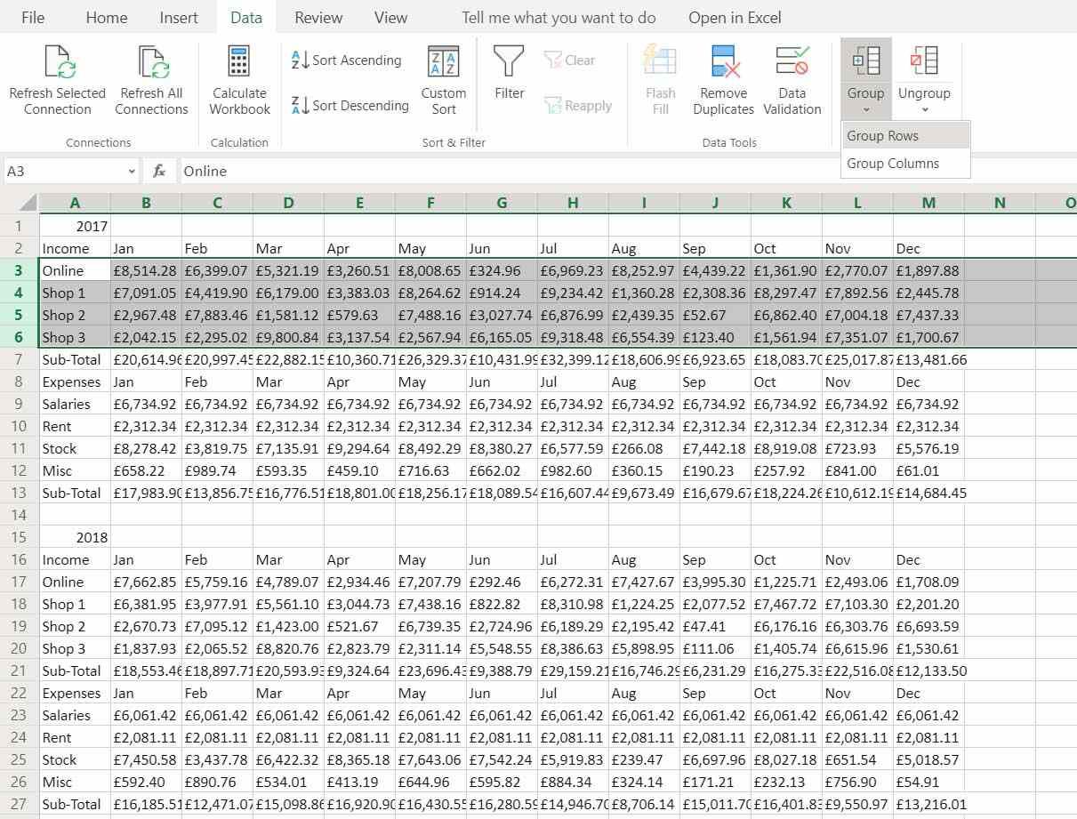 Команда группировки строк в Excel