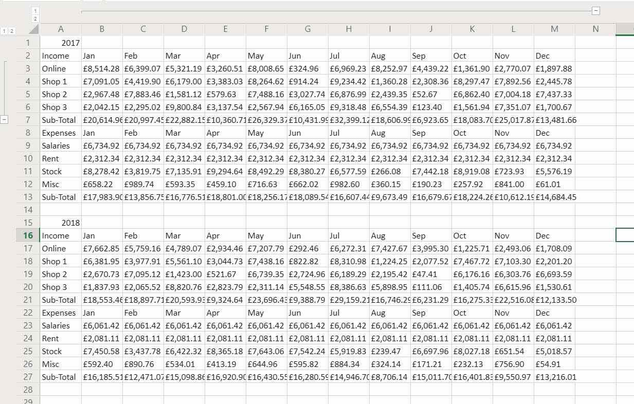 Сгруппированные столбцы в Excel