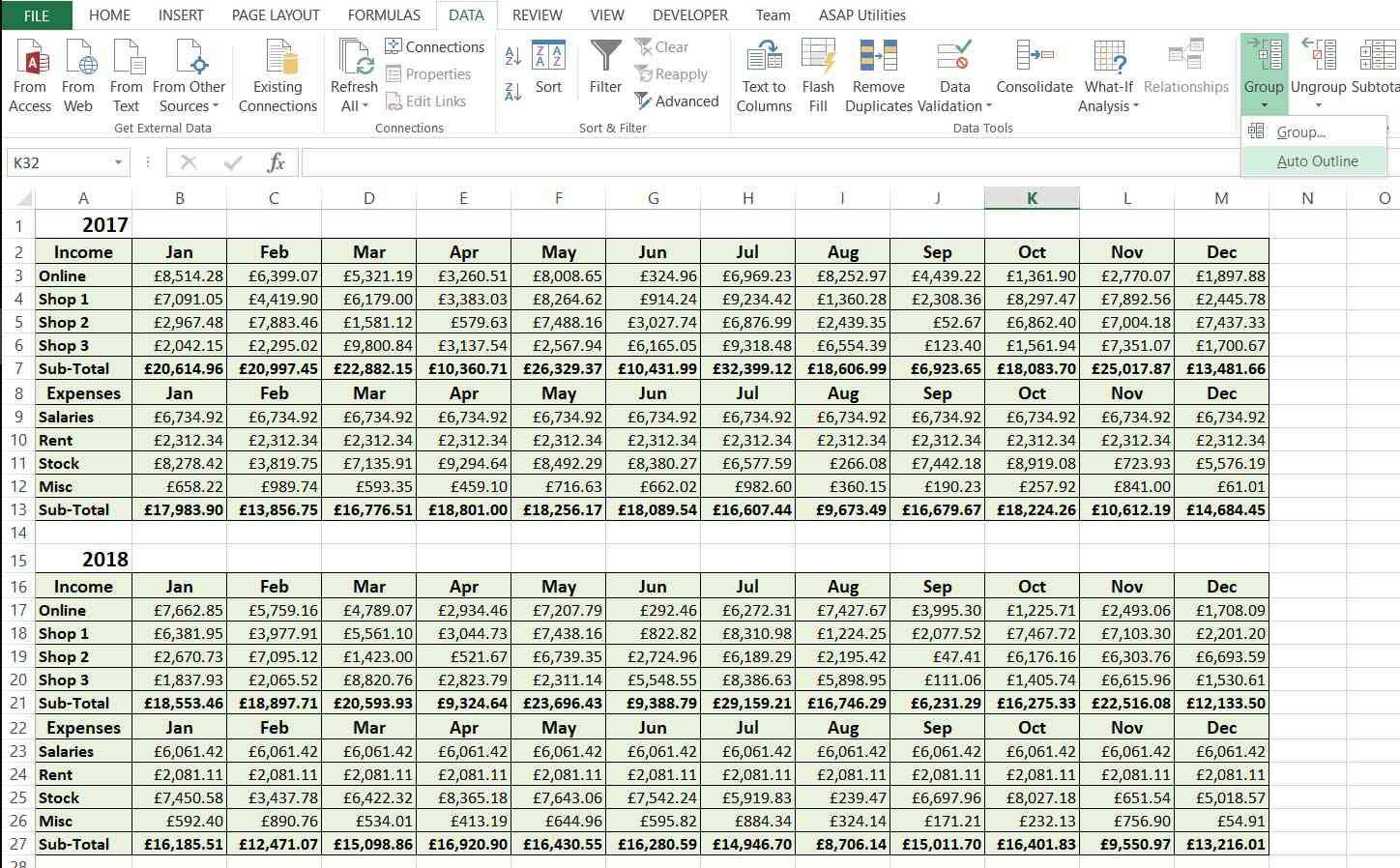 Автоматически создавать группы в Excel