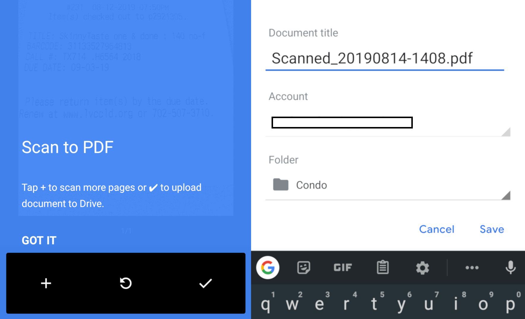 Снимки экрана, показывающие, как сканировать документ с помощью Android