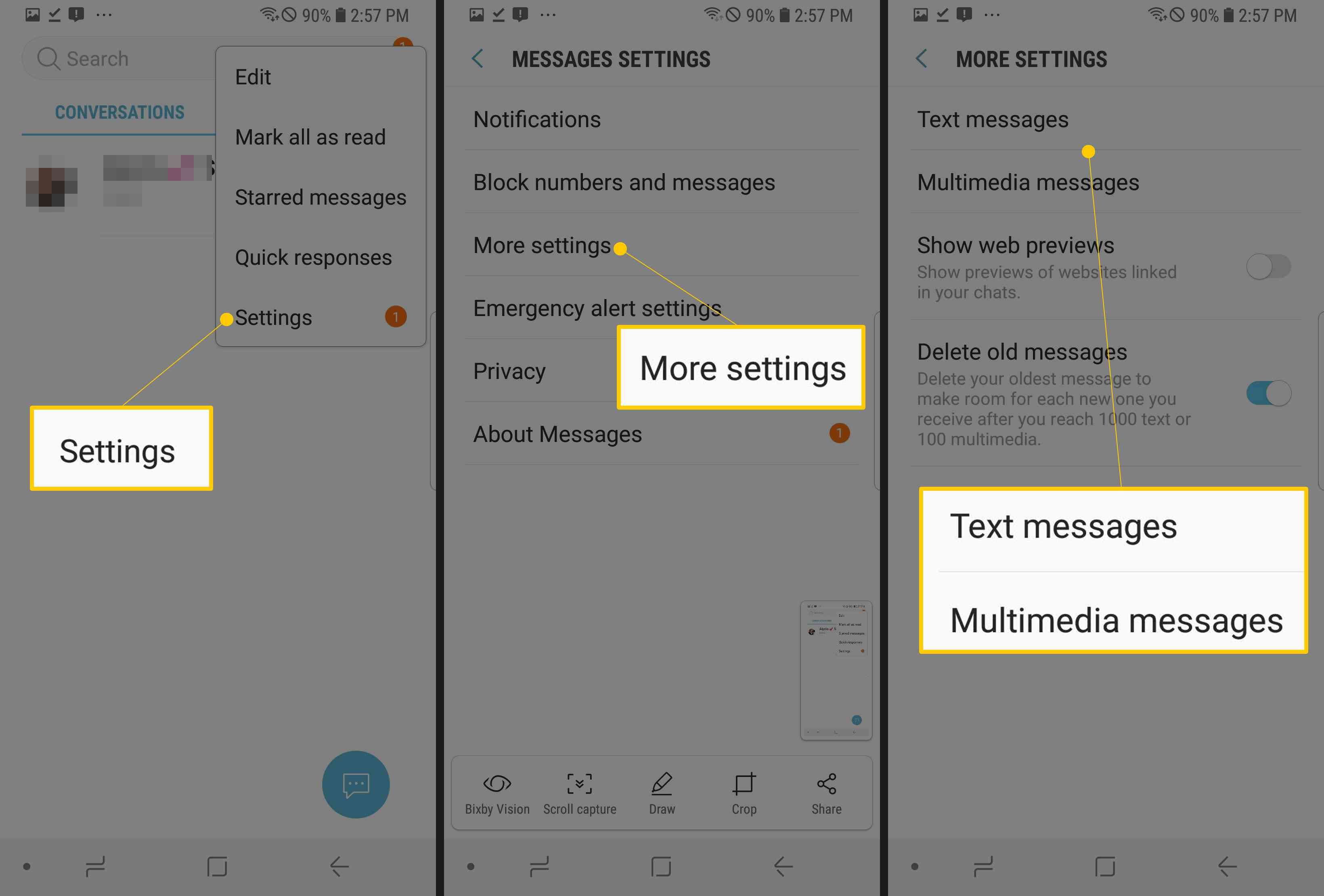 Три экрана Samsung Android с кнопками «Настройки», «Дополнительные настройки» и «Текстовые / мультимедийные сообщения»