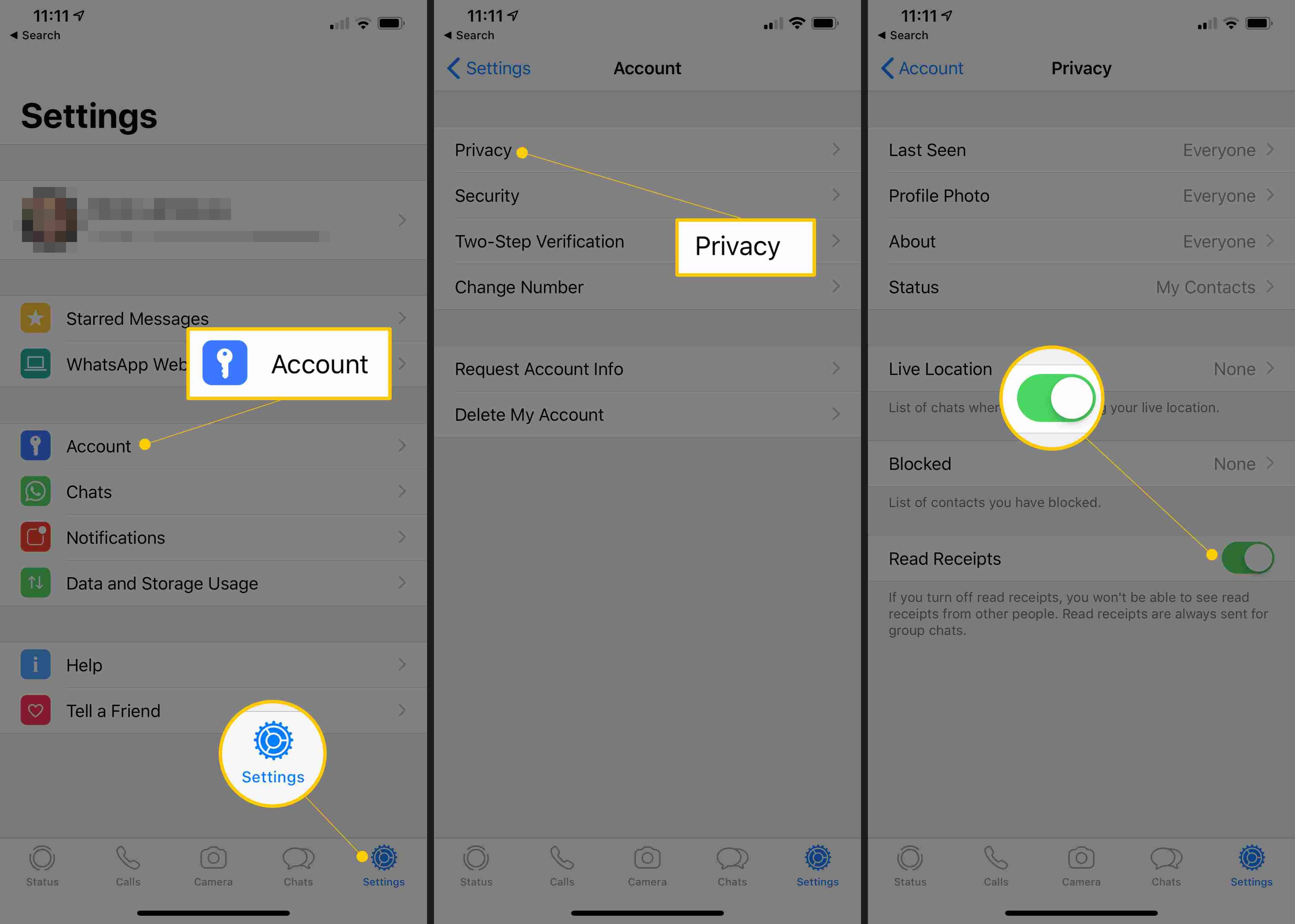 Аккаунт, Настройки, Конфиденциальность и Чтение чеков, включенные в WhatsApp на iOS