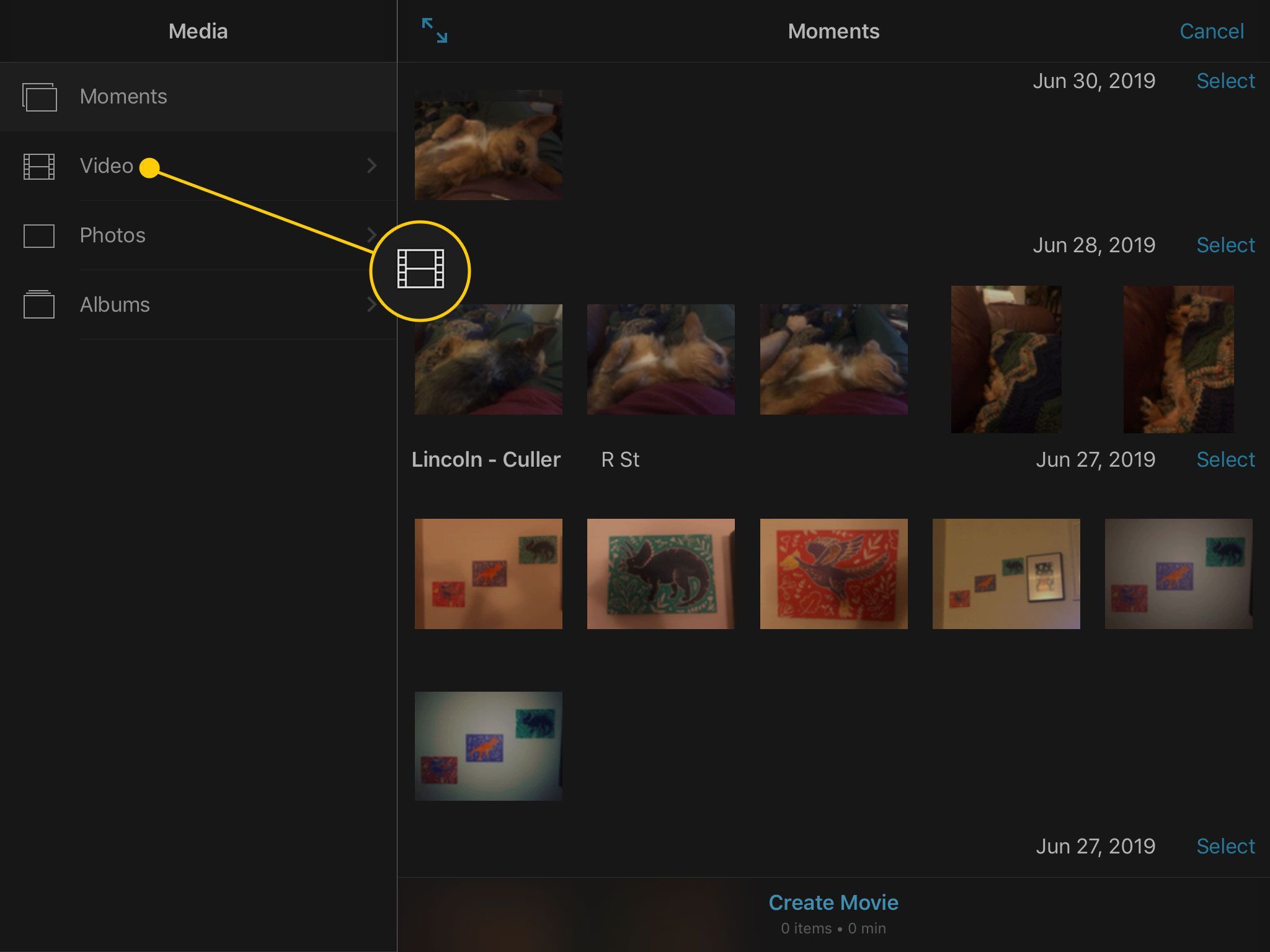 Раздел видео на странице «Медиа» в iMovie для iPad