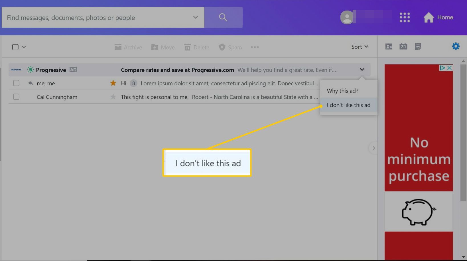 Я надеваю't like this ad option in Yahoo Mail on the web