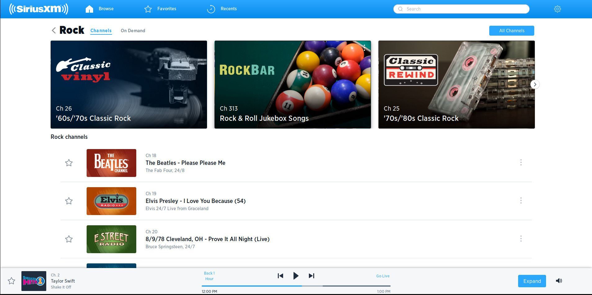 SiriusXM Player музыкальный жанр листинг.