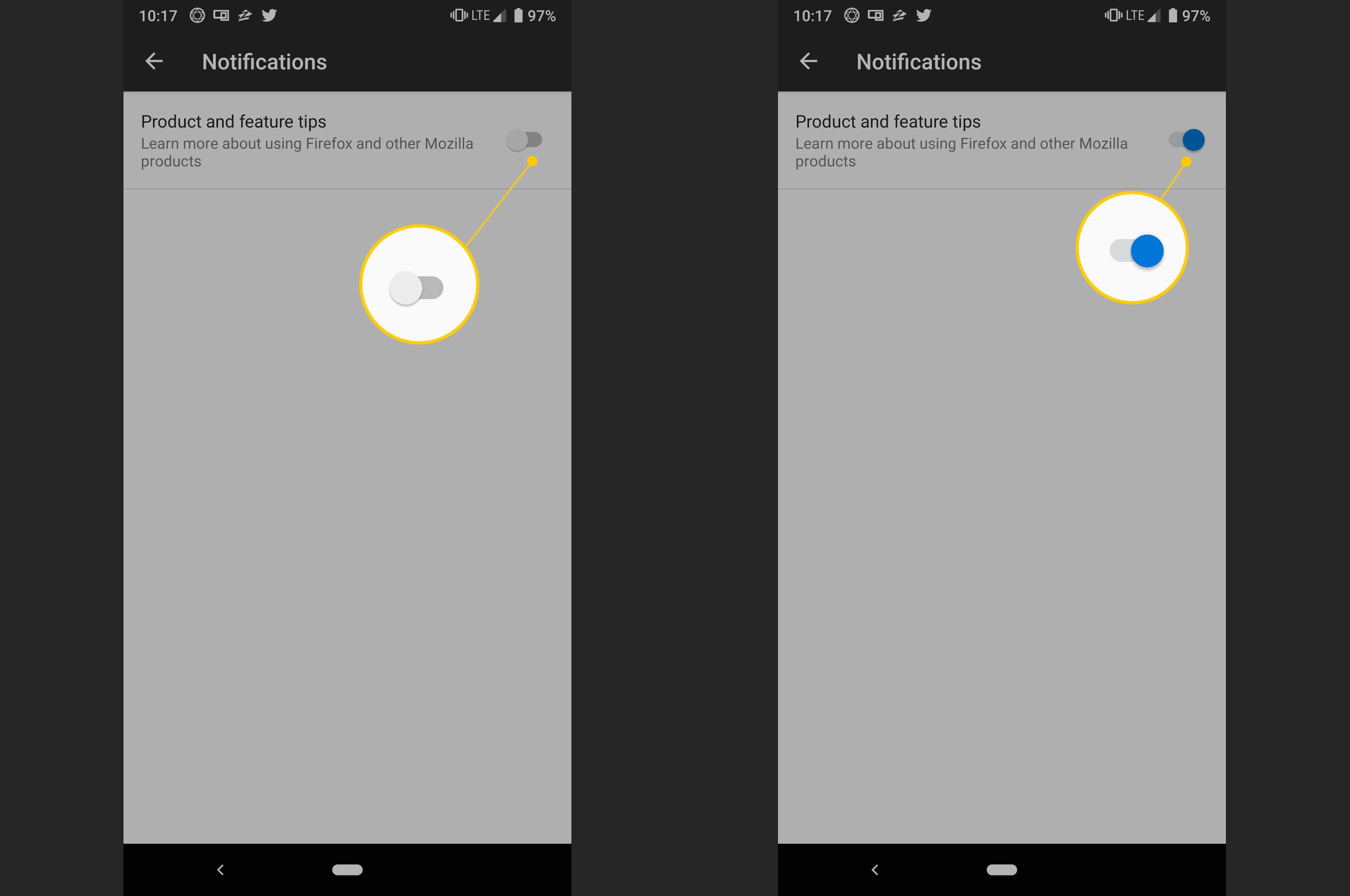 Два экрана Android: уведомления выключаются и включаются