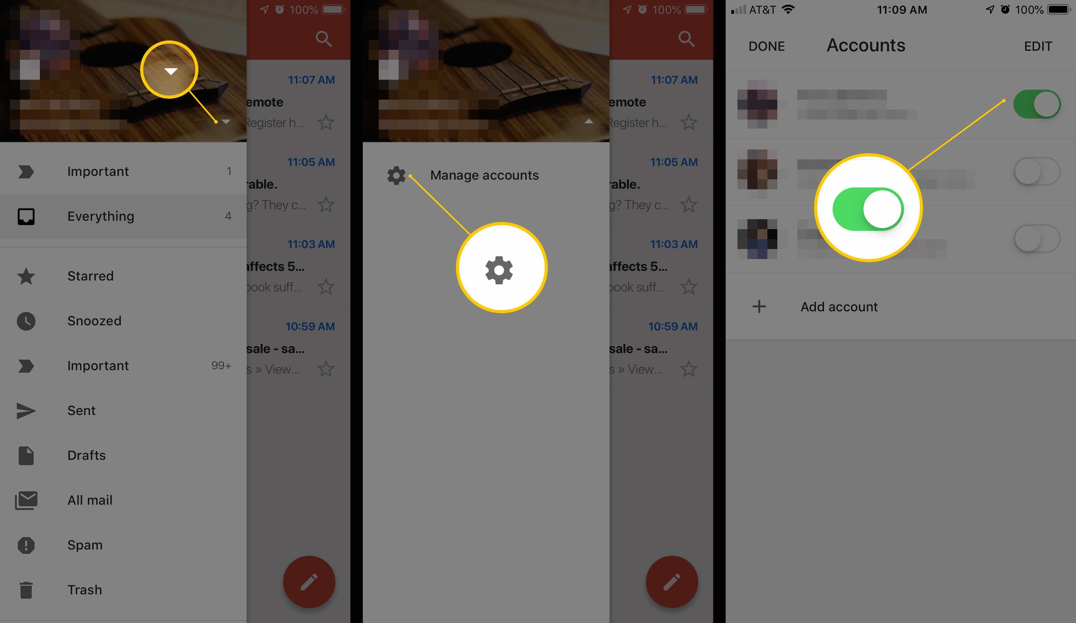 Три экрана iOS с кнопкой «Учетная запись», значком «Управление учетными записями» и тумблером для каждой учетной записи