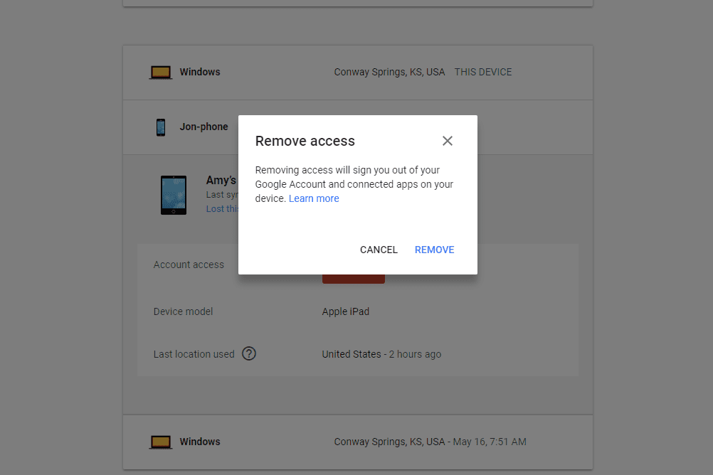 Снимок экрана, показывающий, как удалить устройство's access to your Google account