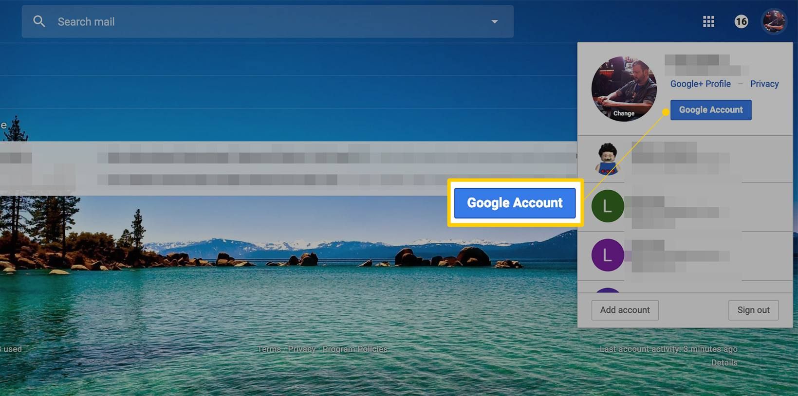 Кнопка учетной записи Google в Gmail