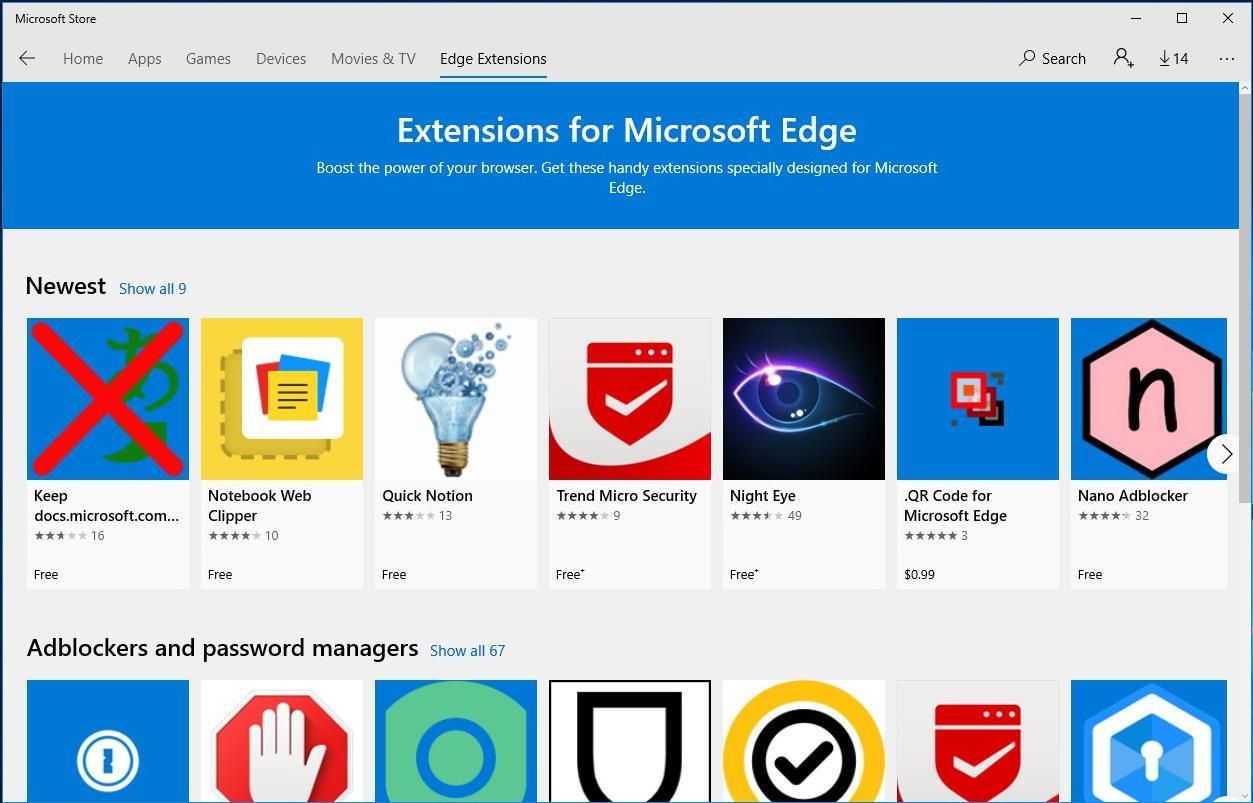 Вы можете найти расширения Edge на последней вкладке в Магазине Windows.
