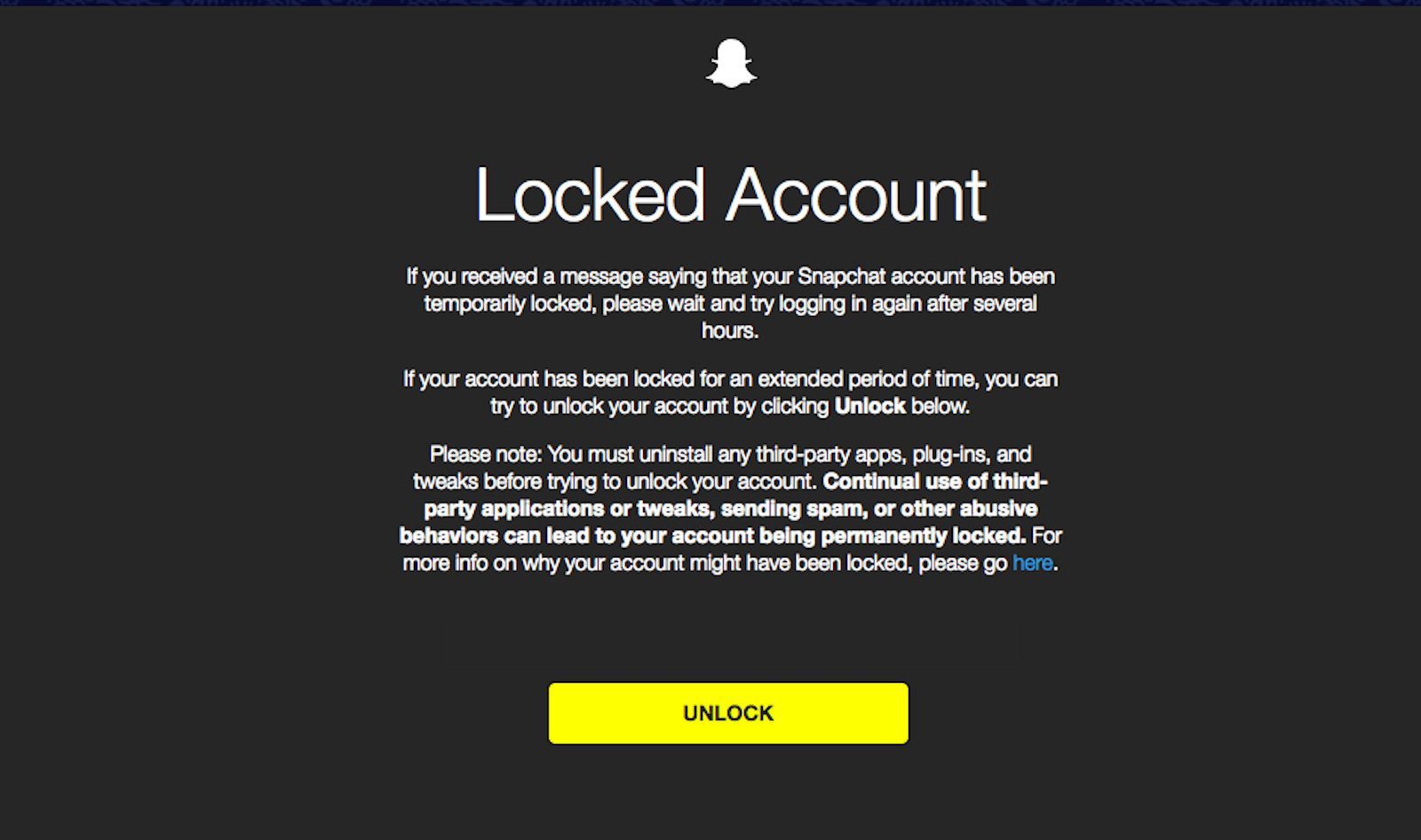 Скриншот Snapchat's locked account message.