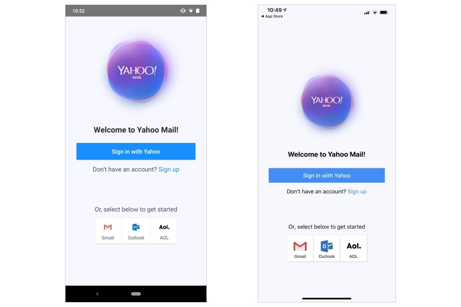 Снимок экрана экрана входа в приложение Yahoo Mail (Android слева; iOS справа)