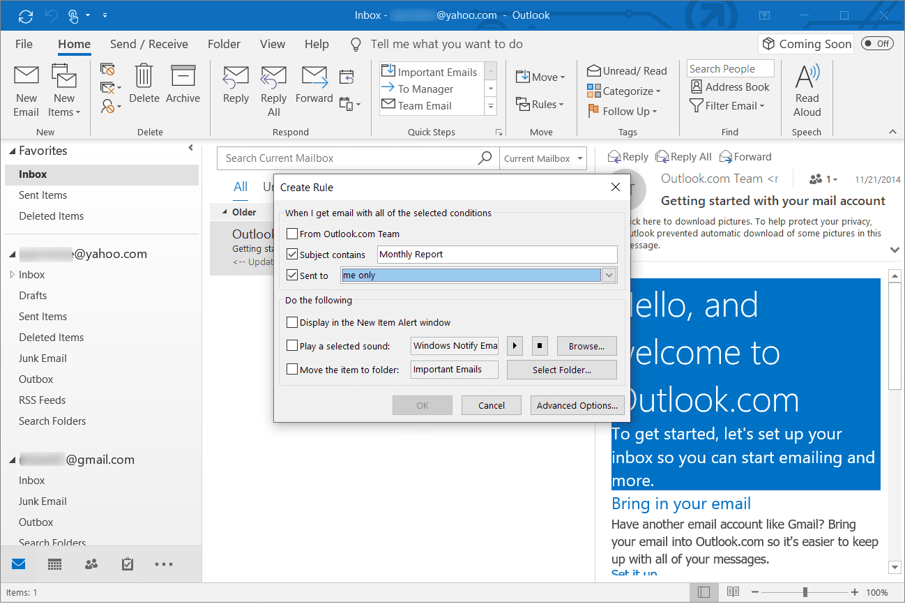 Снимок экрана выбора фильтров входящей почты в Outlook
