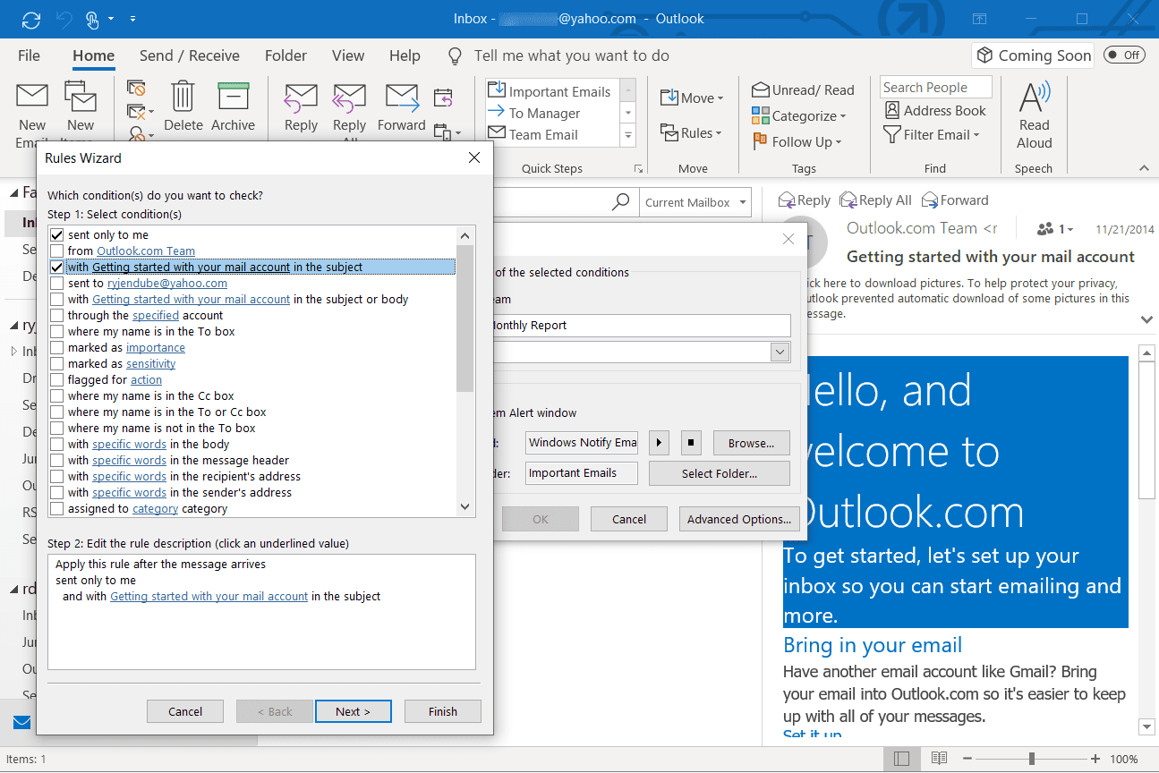 Снимок экрана настройки фильтра входящей электронной почты для печати в Outlook