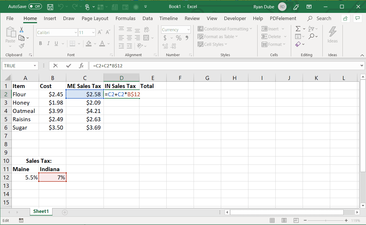 Скриншот заполнения строки с абсолютной ссылкой в ​​Excel