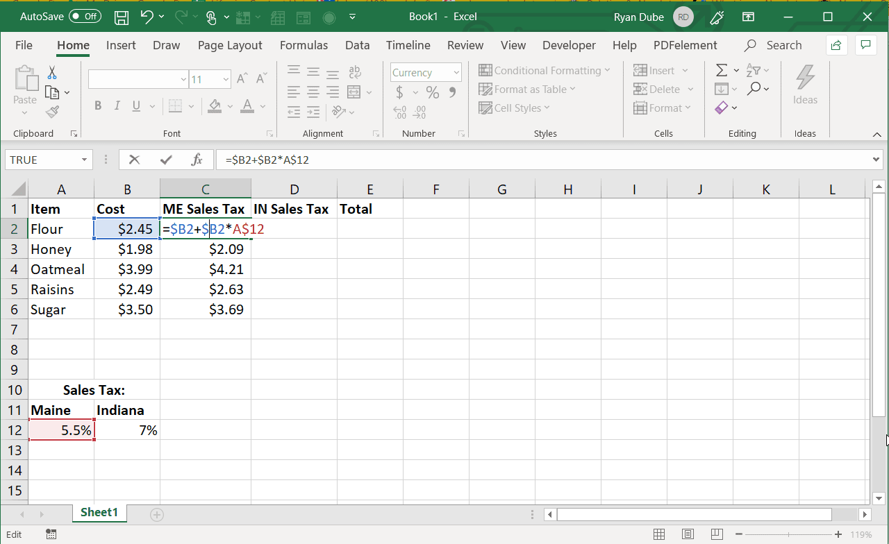 Снимок экрана с использованием абсолютной ссылки на столбец в Excel