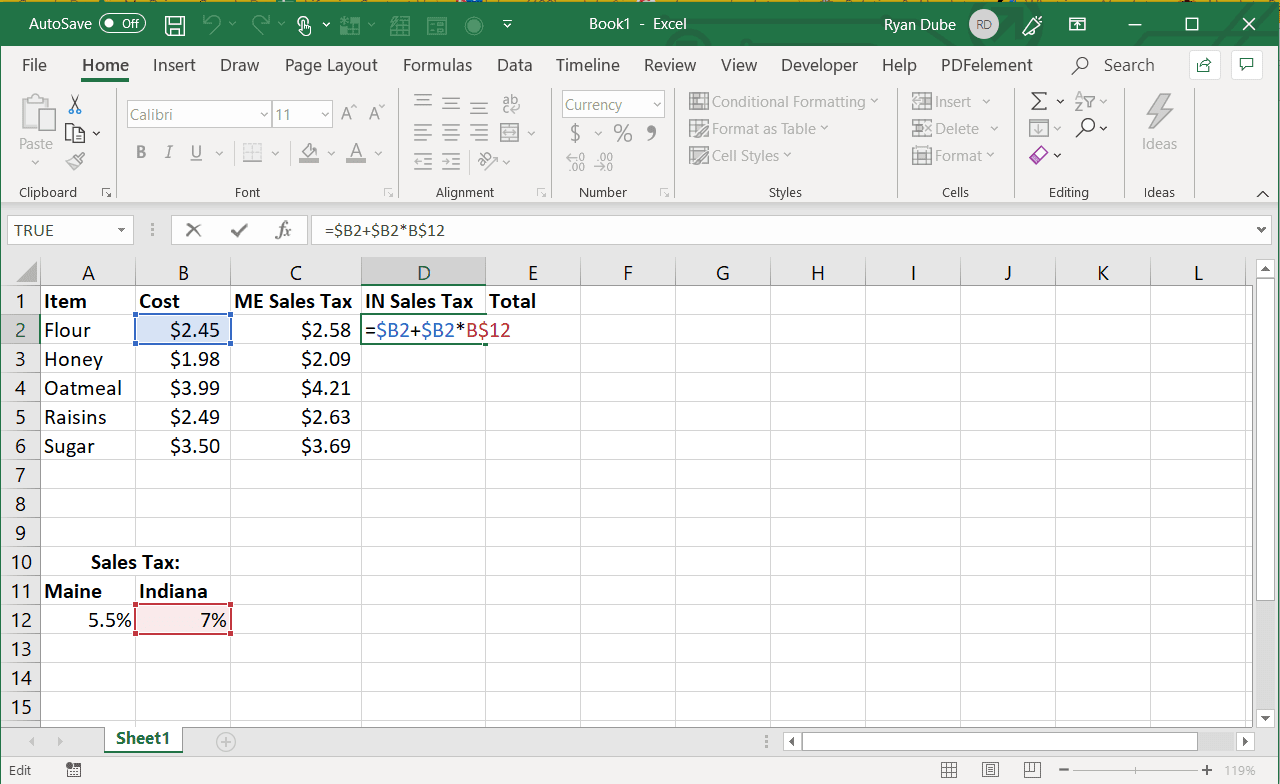 Снимок экрана заполнения Excel справа с абсолютным столбцом