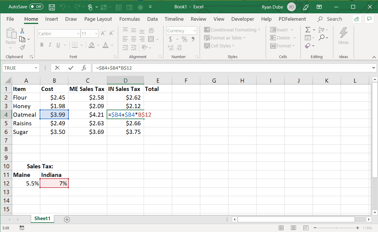 Скриншот абсолютных ссылок на ячейки в Excel