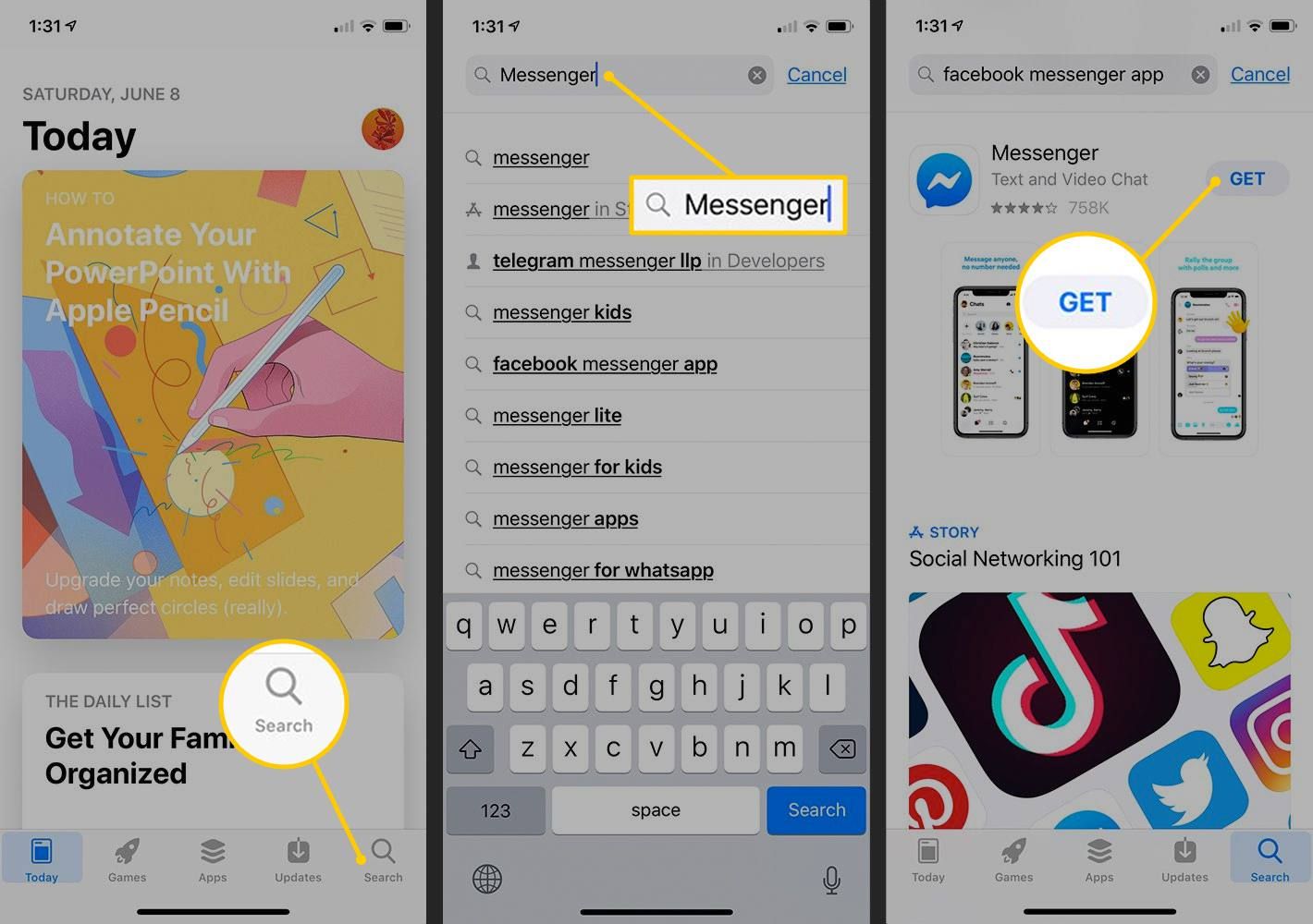 Кнопки Поиск, Мессенджер, Получить в iOS App Store