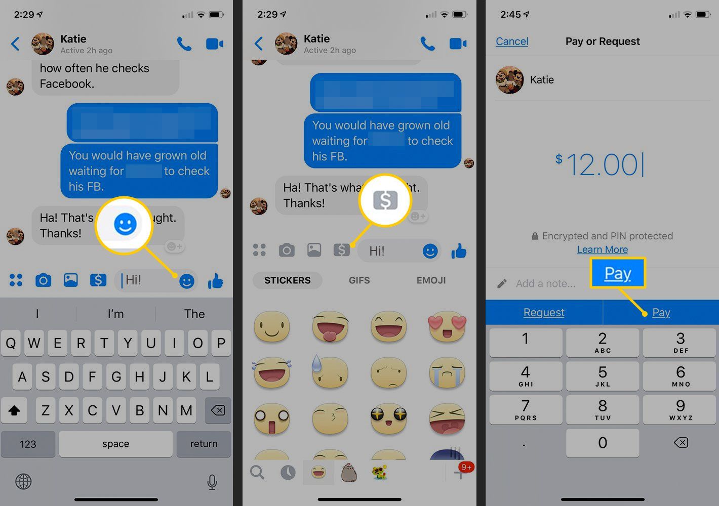 Кнопка Emoji, Иконка Деньги, Кнопка оплаты в Facebook Messenger