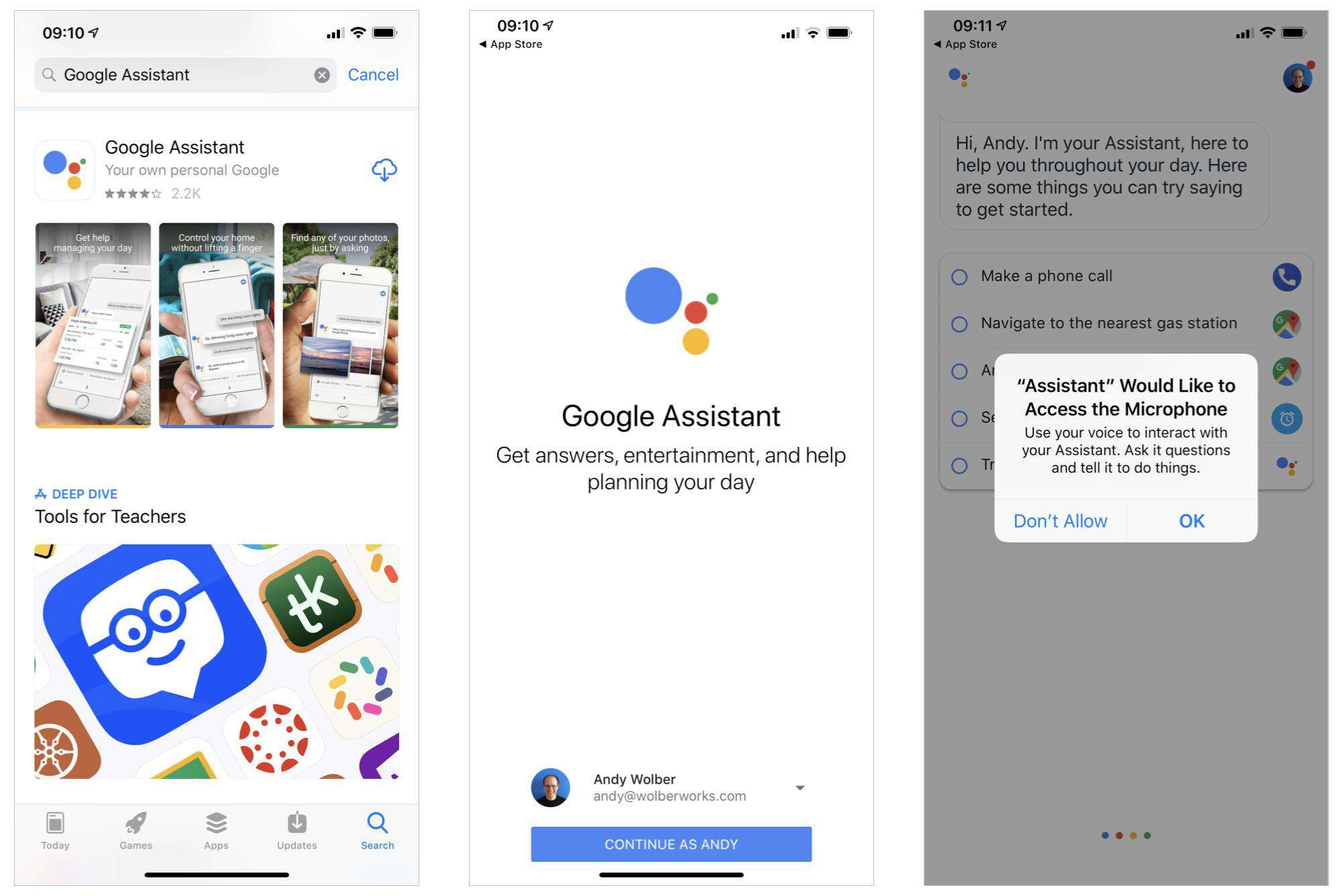 3 снимка экрана: (слева) Google Assistant в iOS App Store, (в центре) начальный начальный экран Google Assistant, (справа) запрос помощника для разрешения доступа к микрофону