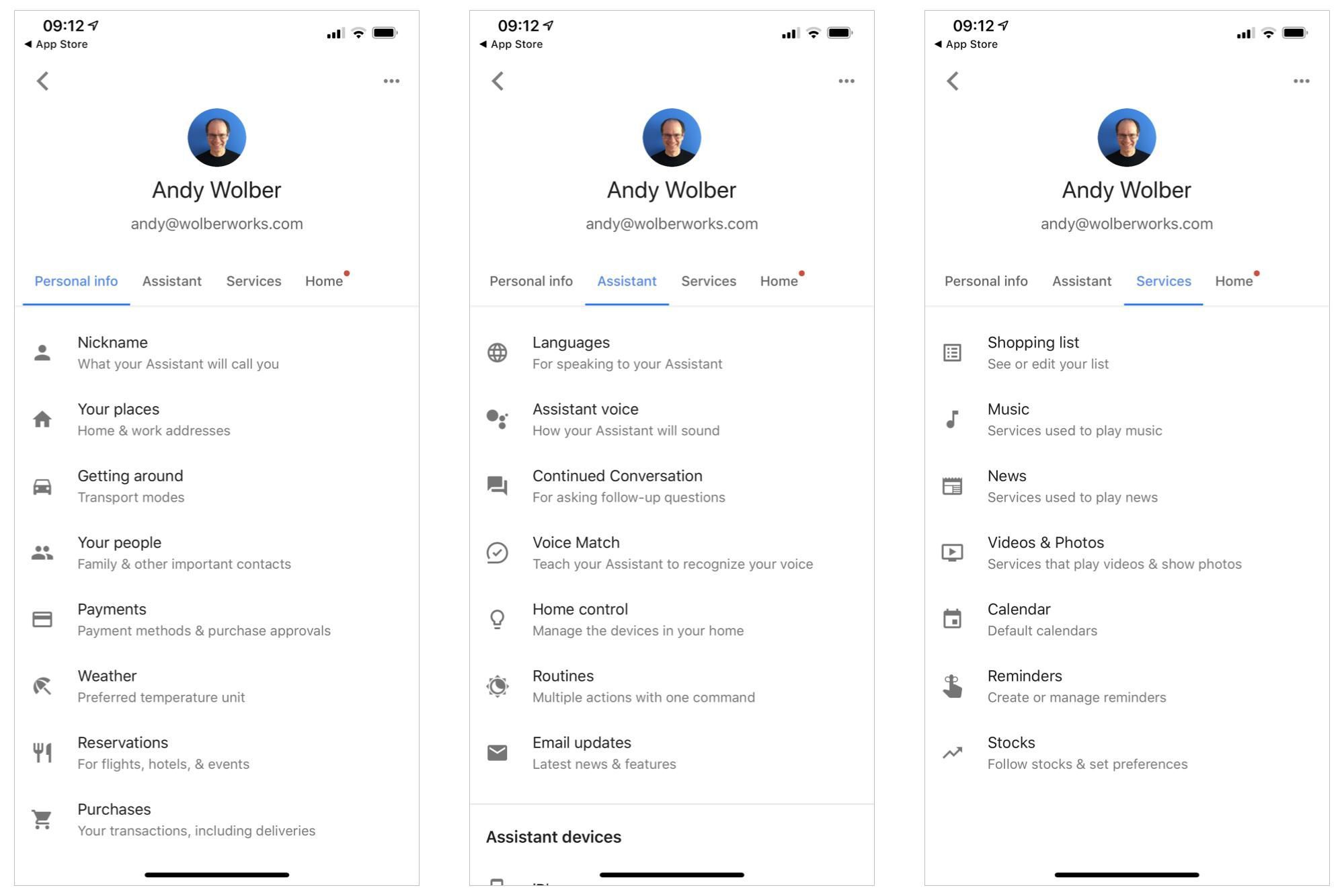 3 iPhone скриншоты Google Assistant: (слева) настройки личной информации, (в центре) параметры конфигурации помощника, (справа) настройки выбора сервисов