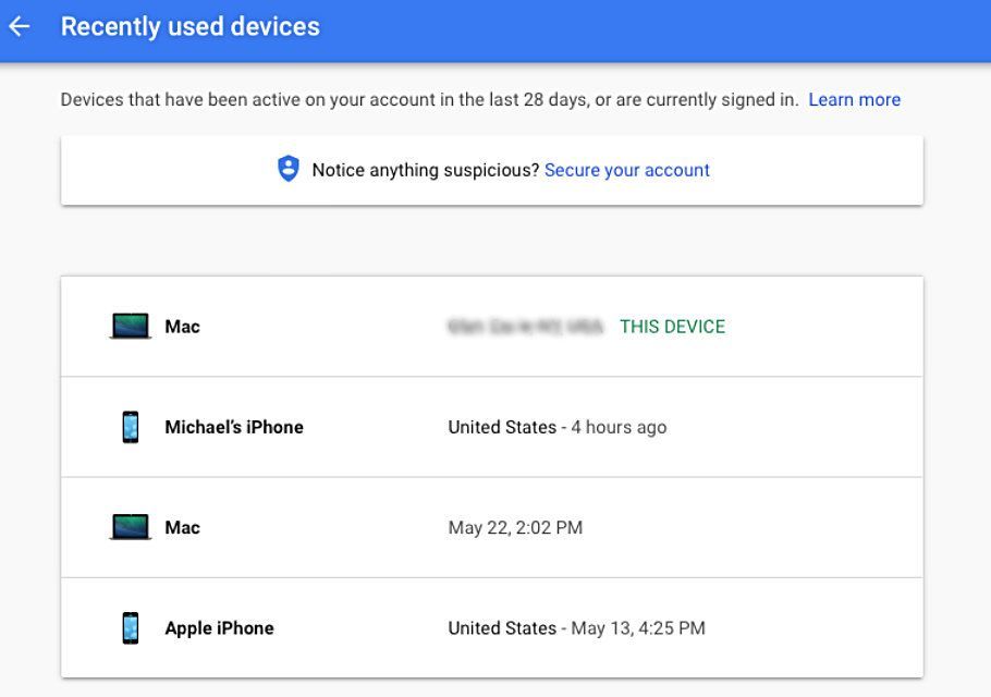 Снимок экрана Google's Devices and Activity Dashboard