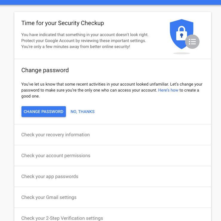 Снимок экрана Google's Security checkup web tool.