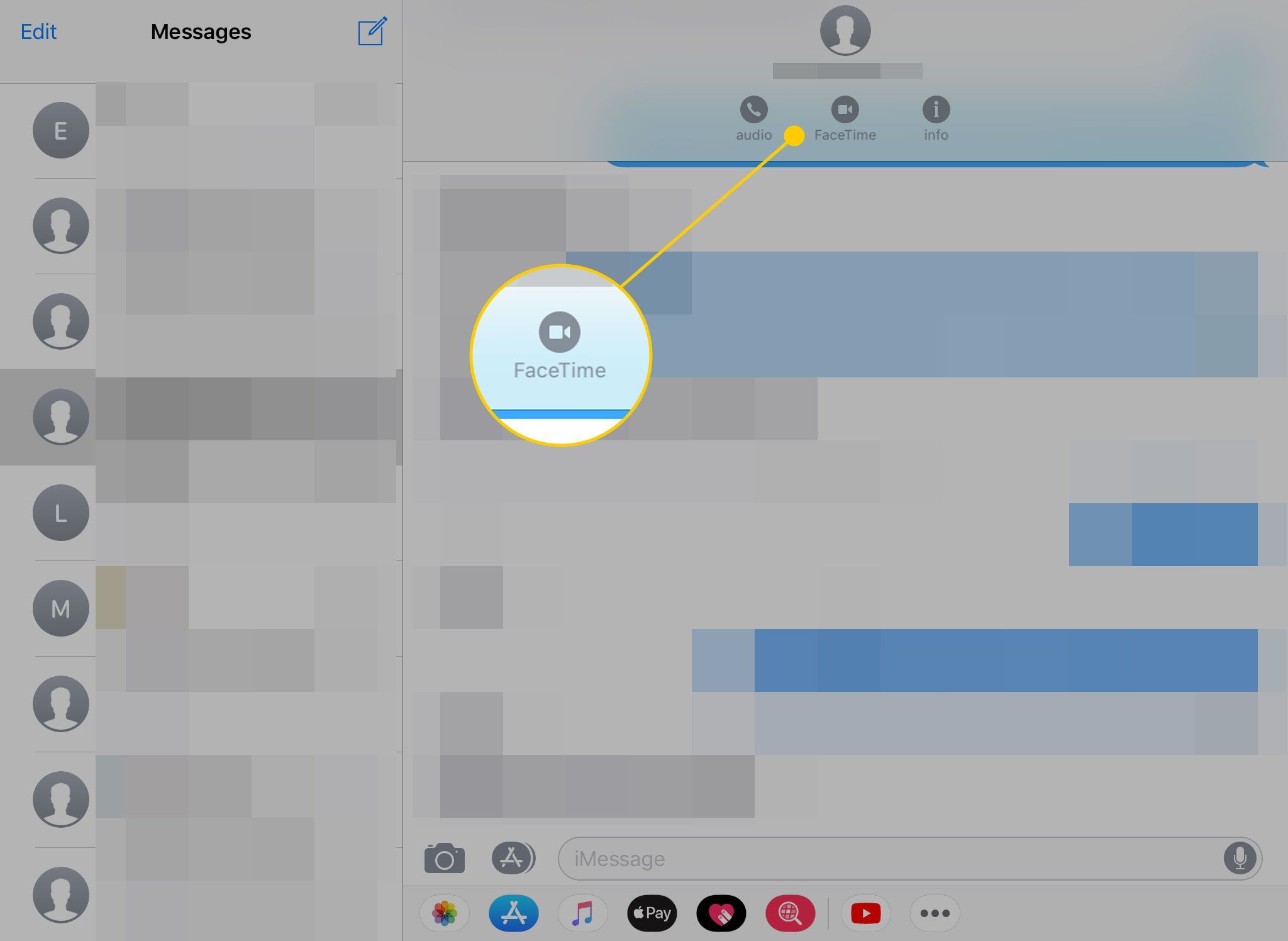 Сообщения на iPad с выделенным значком FaceTime