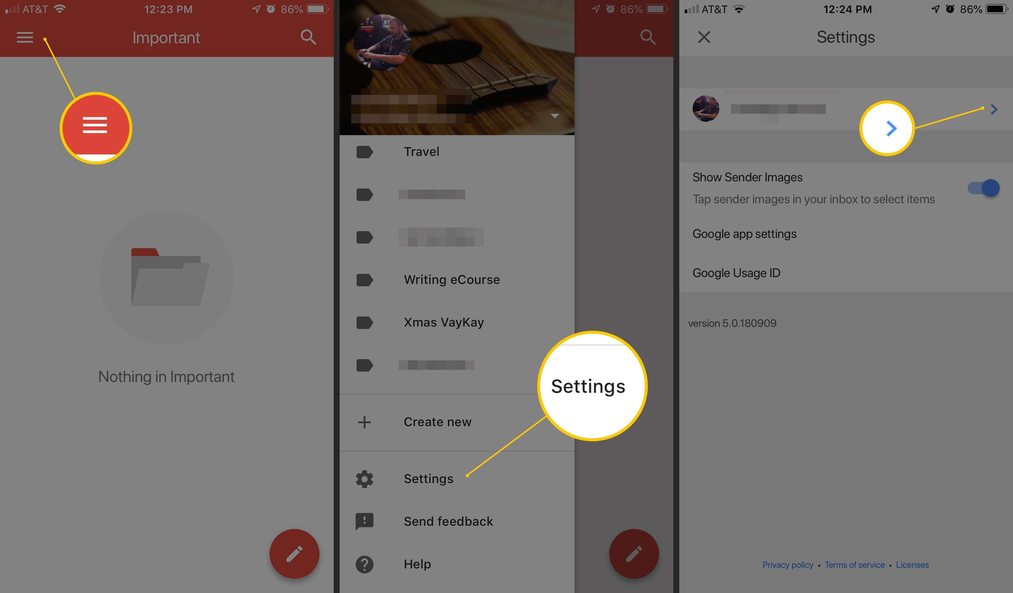 Три экрана iOS с меню гамбургера, настройками и стрелкой электронной почты в приложении Gmail на iOS