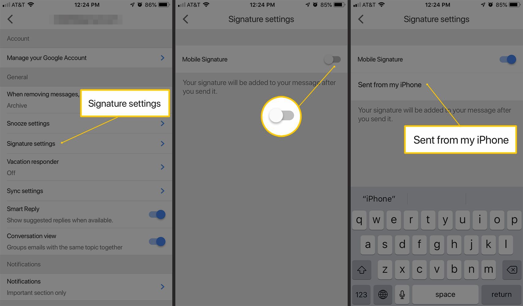 Три экрана iOS с настройками подписи, переключателем мобильной подписи и