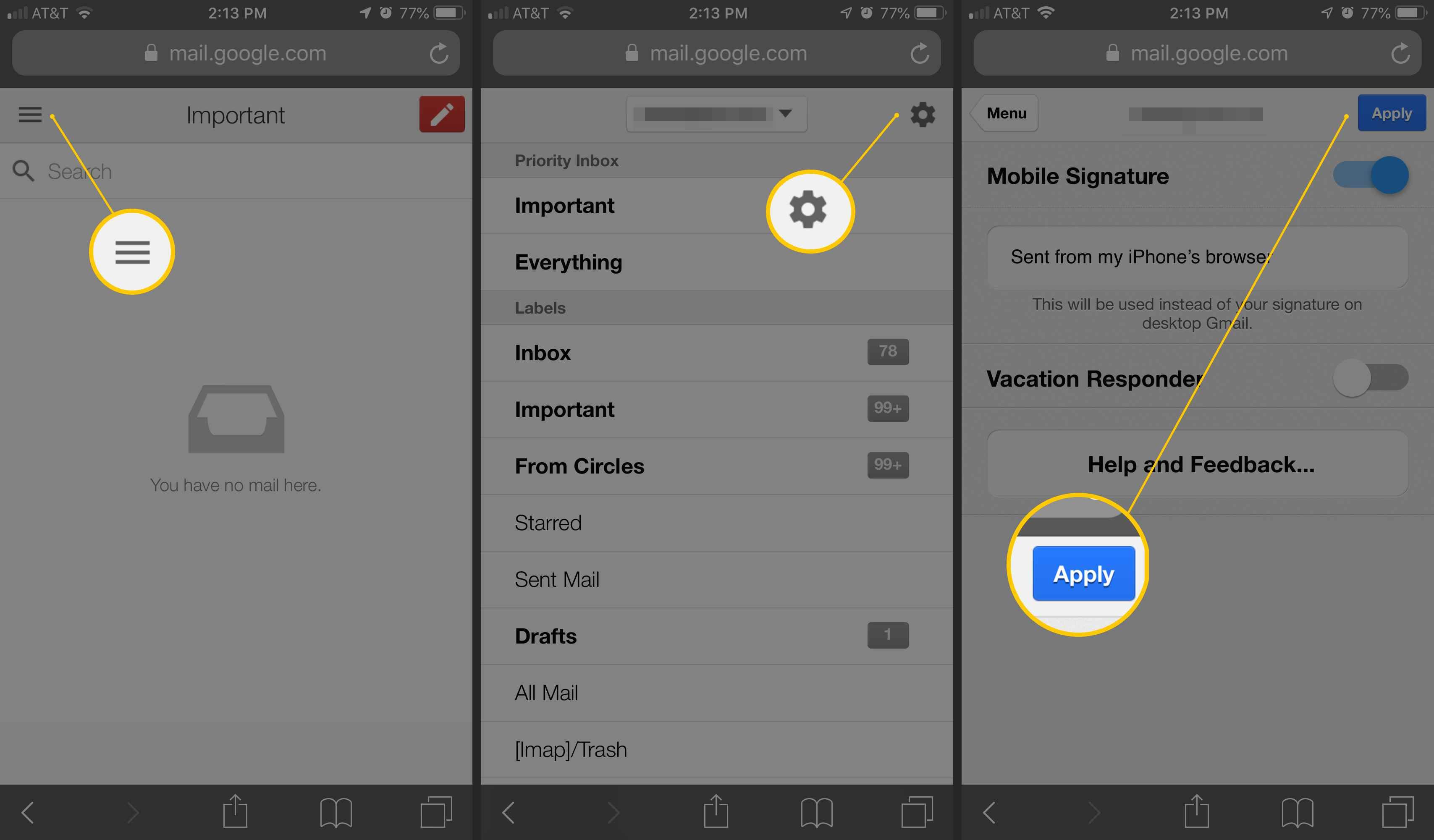 Три экрана iOS для Gmail в Интернете с меню гамбургера, значком шестеренки и кнопкой «Применить для мобильной подписи»