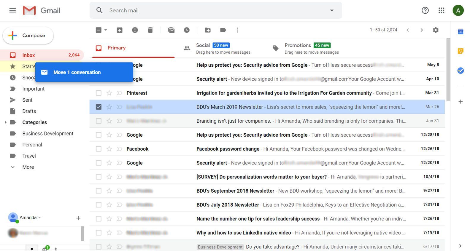 Входящие Gmail с функцией перетаскивания на ярлык