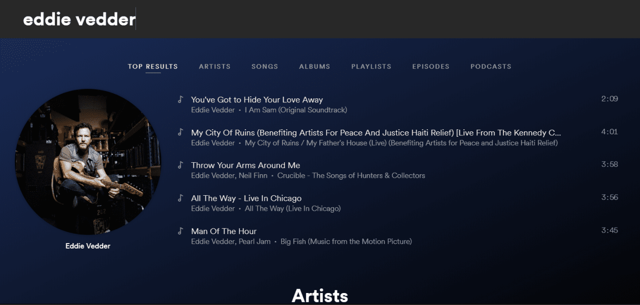 Снимок экрана с функцией поиска в веб-плеере Spotify.