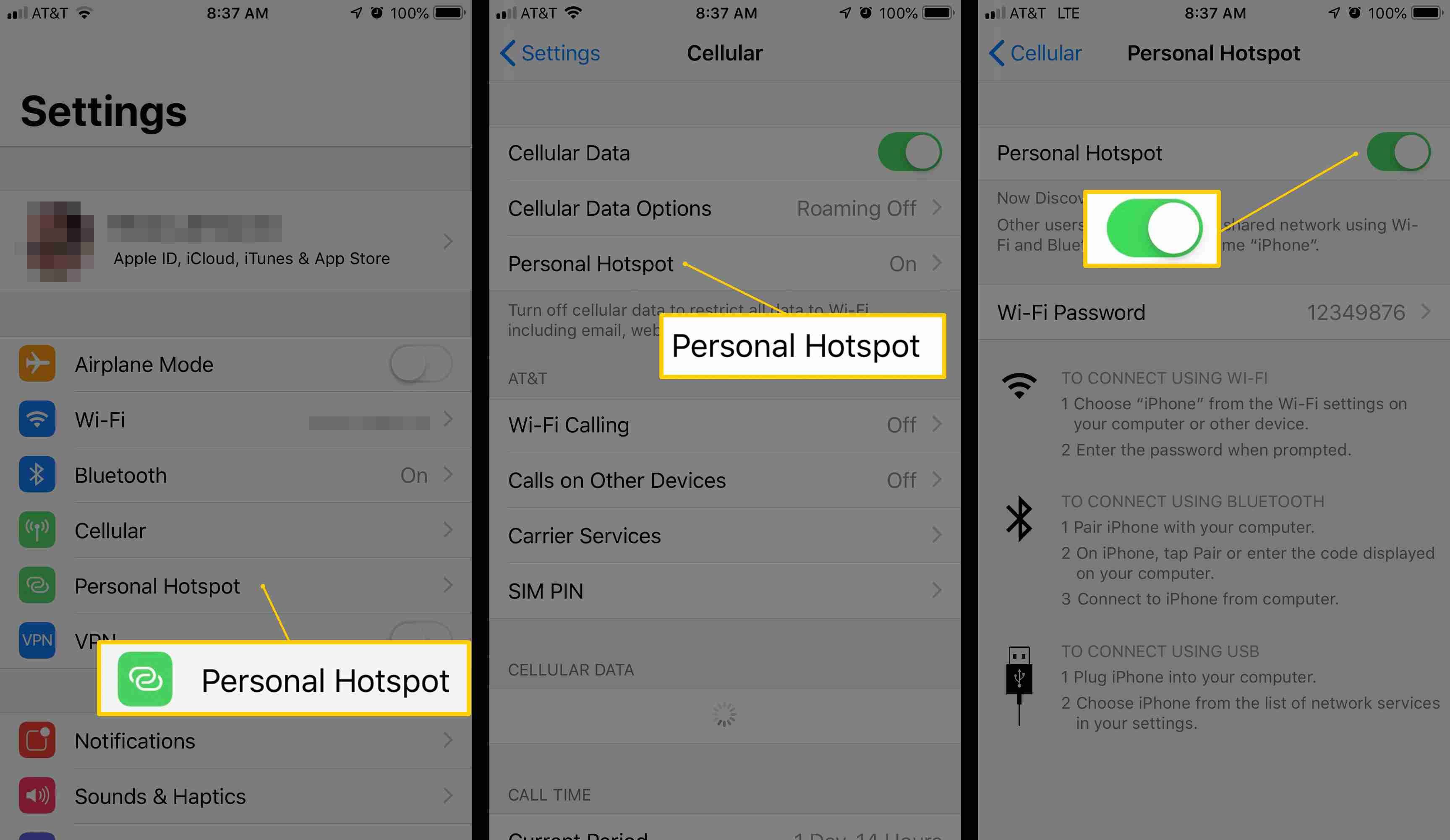 Три экрана iOS, показывающие, где можно найти переключатель «Персональная точка доступа»